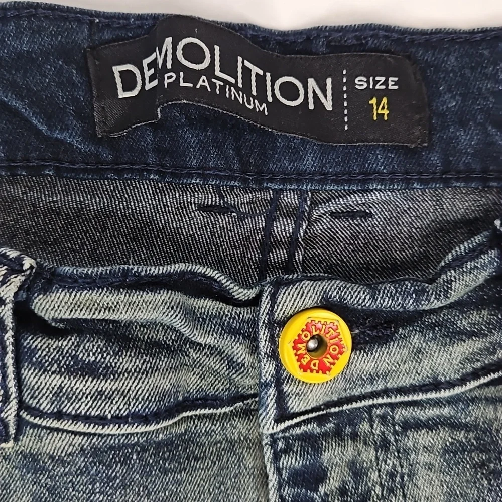 Demolition Distressed Denim Boys Blue Jeans, Skinny Leg, Size 14